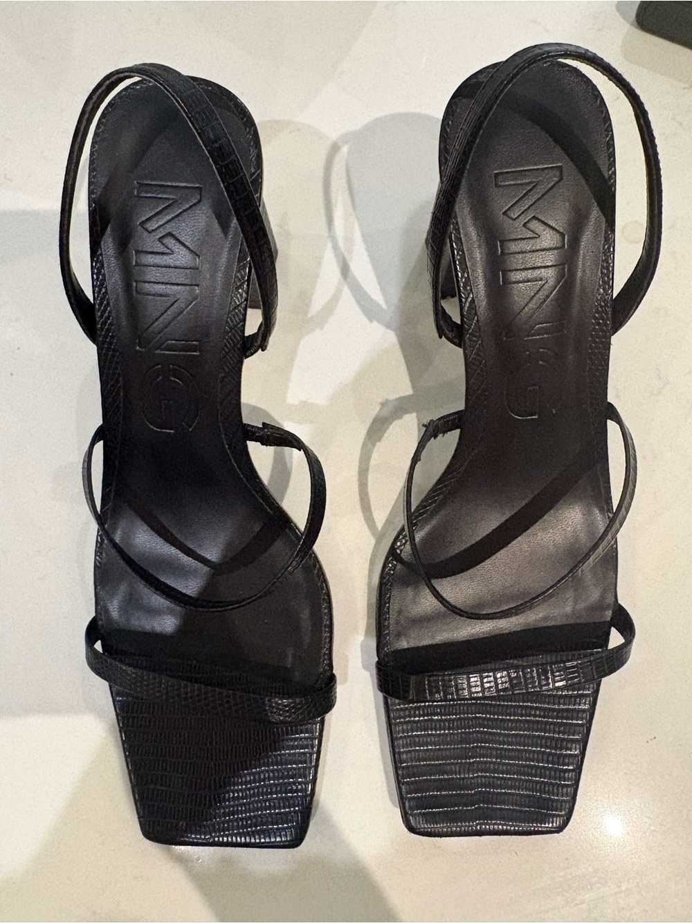 Mango Black Textured Square-Toe Strappy Heels